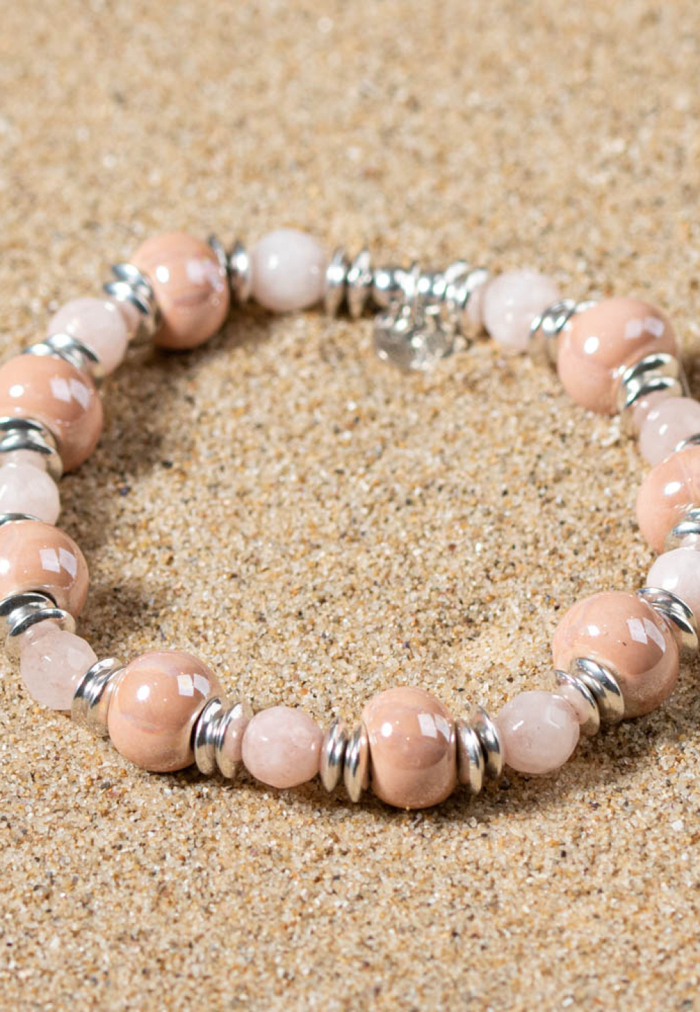 Bracelet élastique en perles rose et argenté : Belinda - Retour de plage