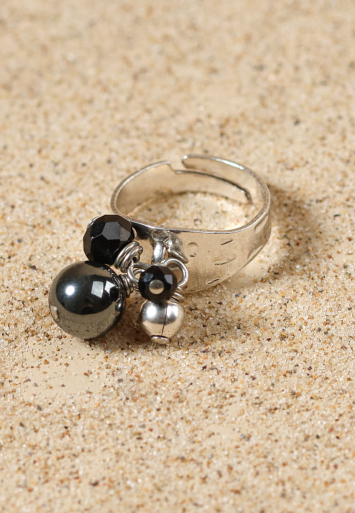 Bague Réglable Vintage Perles Pampilles Noires - Bijou Fantaisie Acier Inoxydable, Occasion Bon état