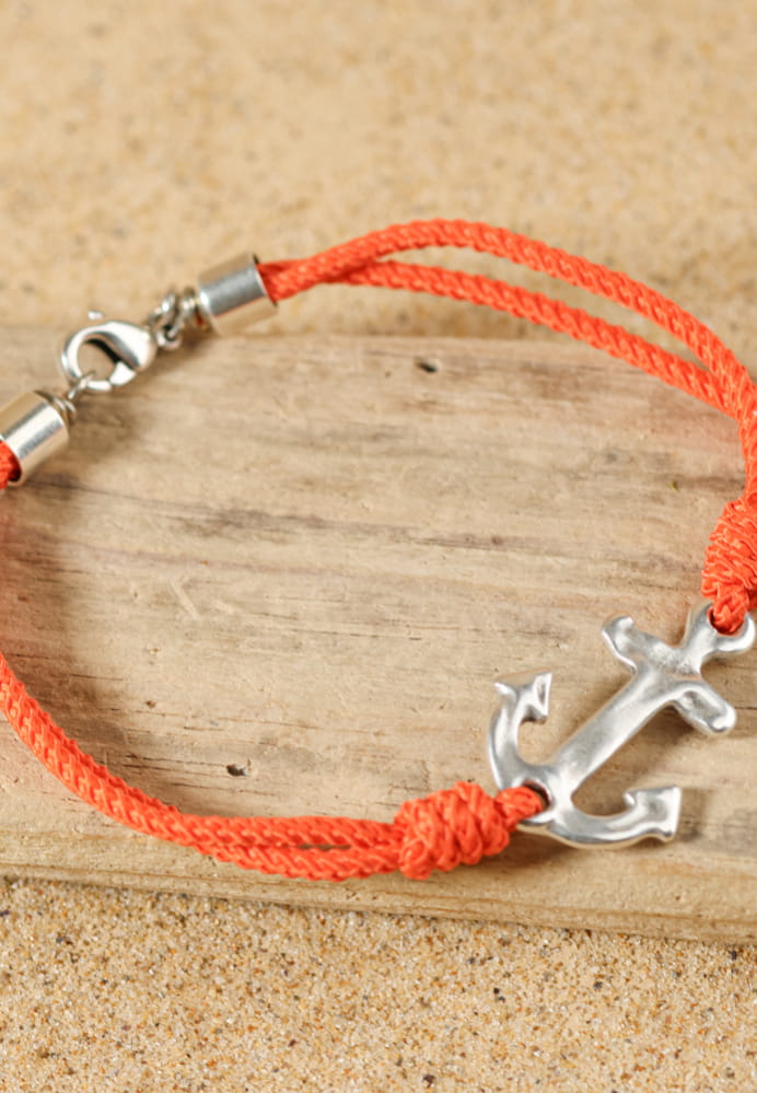 Bracelet Zense Ajustable – Cordon Rouge Orangé Avec Ancre Marine, Pour Homme, Style Marin