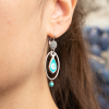 Les boucles d'oreilles Oia sont de jolies boucles d'oreilles composées d'un pendentif poisson bleu turquoise et argenté, d'un pendentif en anneau ovale argenté et d'une perle en howlite bleu turquoise.