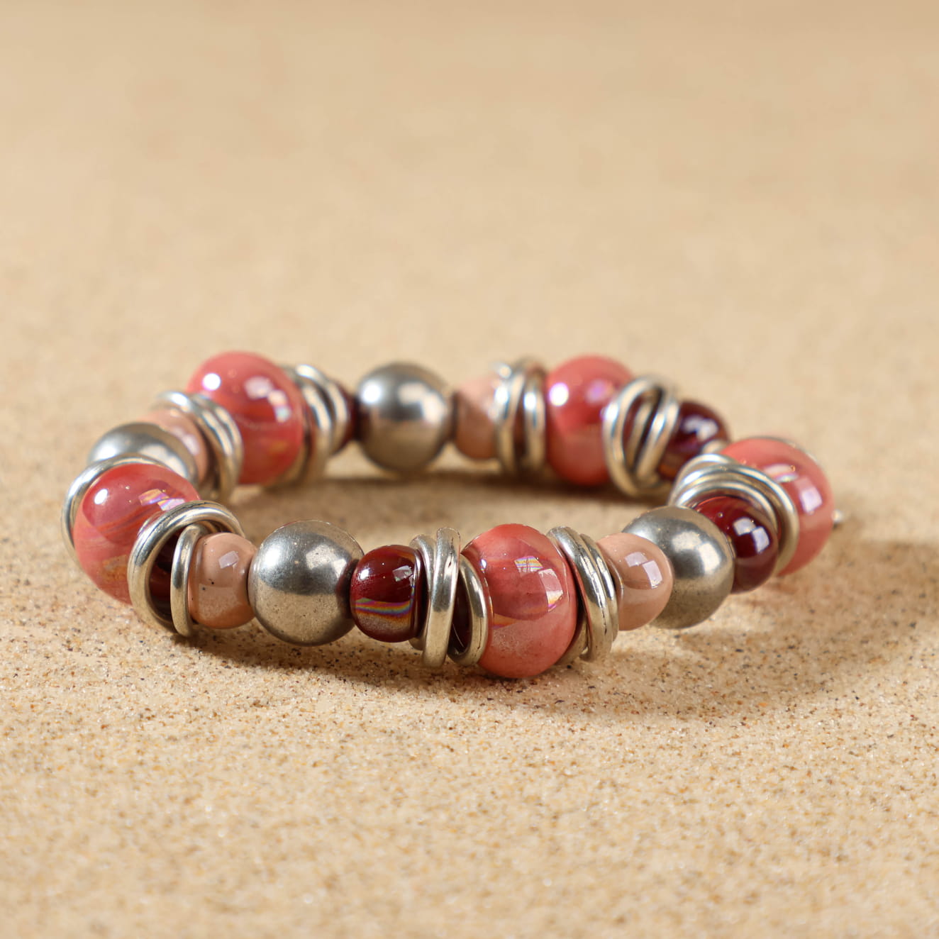 Bracelet Rétro En Métal Vieilli Avec Perles Rouges - Modèle Occasion