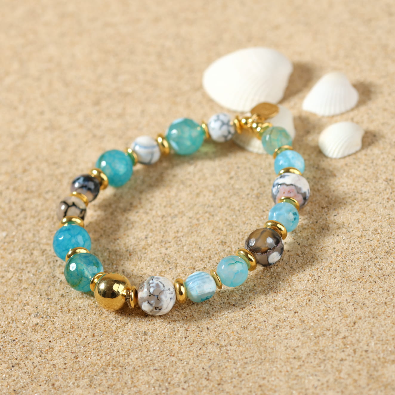 Bracelet Rigide Tortillon Bleu Et Or Avec Perle Turquoise - 3 Tours - Modèle A05 - Occasion Très Bon État