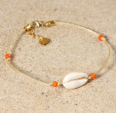 bracelet de cheville Nathalie doré, coquillage blanc et perles orange, création faite main en France