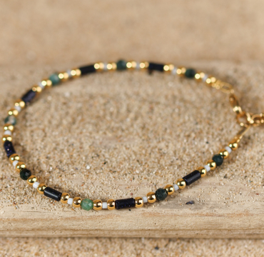 Bracelet Genoise doré avec perles bleu gris, bijou fabriqué à la main en France