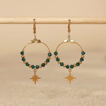 boucles d’oreilles Cadran dorées, perles vert bouteille, bijou fait main en France