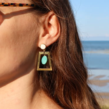 boucles d’oreilles Niamey dorées et vert menthe, bijou artisanal fait main en France