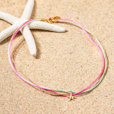 Collier pour enfant Dora doré, rose et bleu turquoise