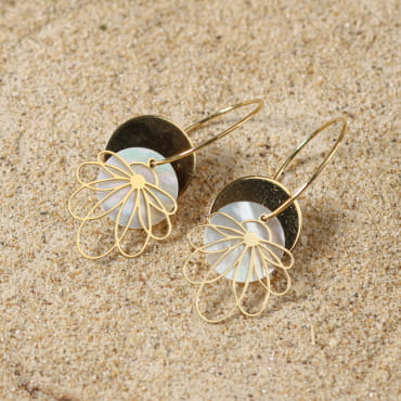 Boucles d’oreilles Elise en métal doré et perles blanches, création artisanale française.