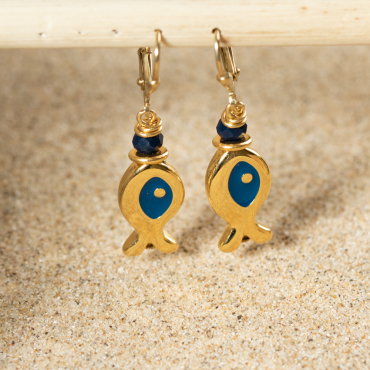 Boucles d'oreilles doré bleu en forme de poisson. Made in France