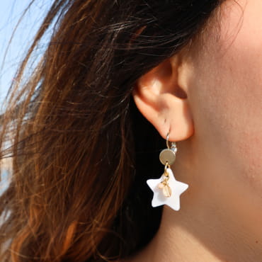Boucles d’oreilles Dallas en métal doré et pendentifs blanc cassé, bijou artisanal français.