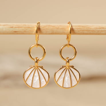 Détail des boucles d'oreilles Caliopee avec coquillage émaillé blanc et monture dorée – création artisanale française élégante