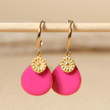 Boucles d’oreilles Flashy doré avec pendentif rond fuchsia, bijou artisanal français.