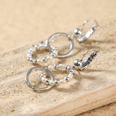 Boucles d’oreilles Isalie en métal argenté avec anneau et perle blanche, bijou artisanal français.