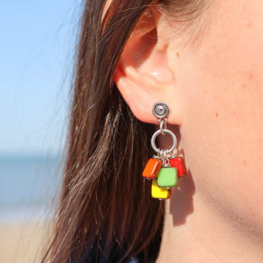 boucles d’oreilles Mosaïk argenté multicolore, création artisanale française