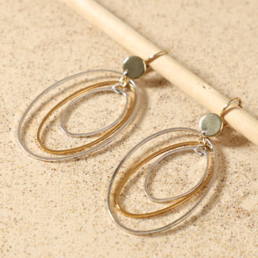 Gros plan sur les boucles d’oreilles Proton, montrant les trois anneaux ovales imbriqués en métal plaqué argent et doré à l'or fin 24 carats, fabrication artisanale sur l'île d'Oléron – Retour de Plage