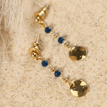 Boucles pendantes Tiphaine bleues et dorées, fabrication artisanale française