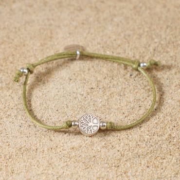Bracelet Coton – bijou en cordon kaki avec médaille arbre de vie et perles en métal argenté, fabrication artisanale française