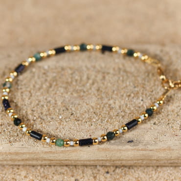 Bracelet Genoise doré avec perles bleu gris, bijou fabriqué à la main en France