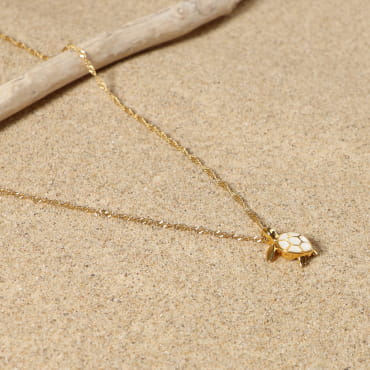 Collier doré en chaine fine avec un pendentif tortue éaillé blanc cassé.