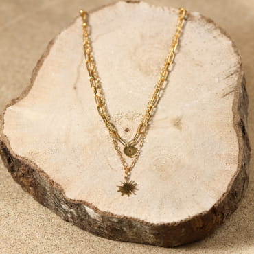 Collier Sole doré et bleu fabrication artisanale française.