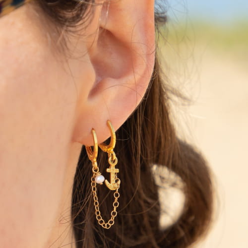Boucles D'oreilles Créoles Marine - Plaqué Or Jaune 585, Zircon Blanc - Neuves Avec étiquettes