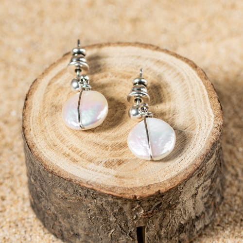 Boucles D'oreilles Argentées Perles Cabochon Thème Mer Vagues - 25 Mm - Neuf Sans Emballage