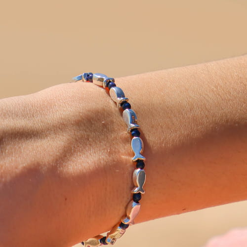 Bracelet Vintage Argent Massif – Perle Bleue Et Coquillages – 18 Cm – 10 Gr