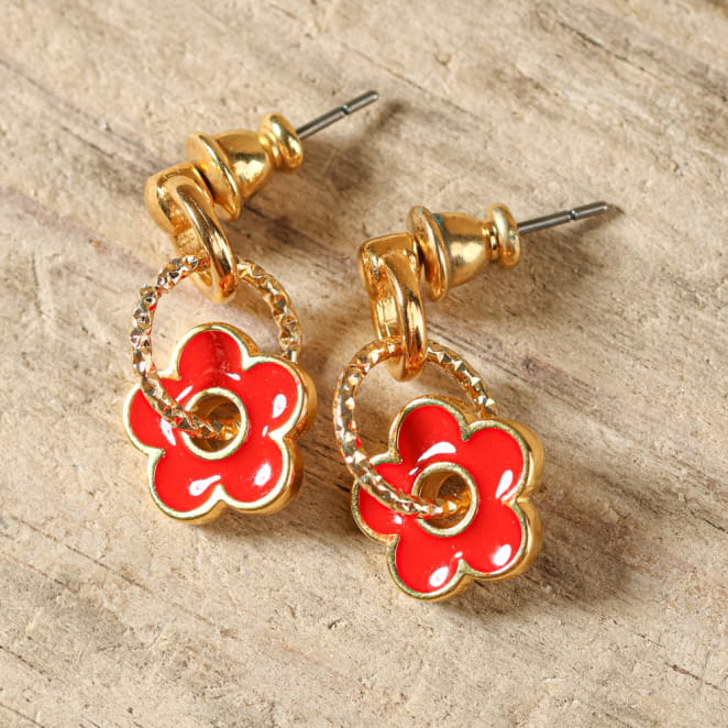 Boucles d’oreilles Floralia doré et fleurs rouges, fabrication française au charme floral marin.