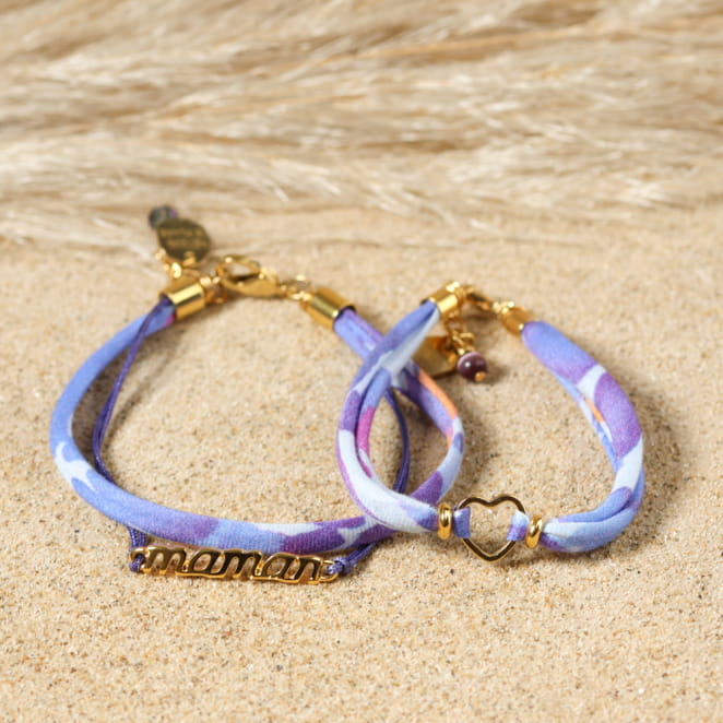 Bracelet duo Maman en cordon liberty et doré. Fabrication française.