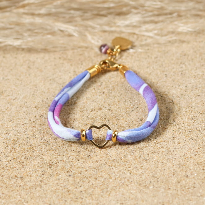 Bracelet duo maman et enfant en métal doré avec cordon et perles violettes. Confection artisanale française.