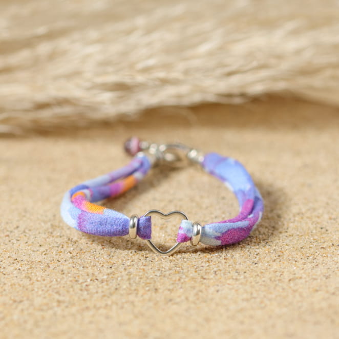 Bracelet duo enfant et maman en métal argenté avec cordon violet et perles assorties. Fabriqué à la main en France.