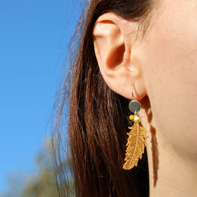 Détail des boucles d’oreilles Ara jaunes et argentées, création artisanale française