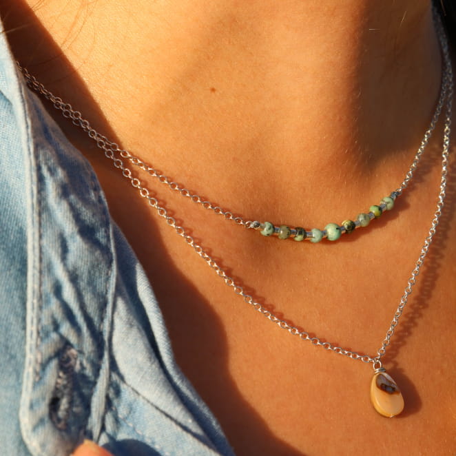 Collier Estelle avec perles vert d’eau et finitions argentées, Origine France Garantie