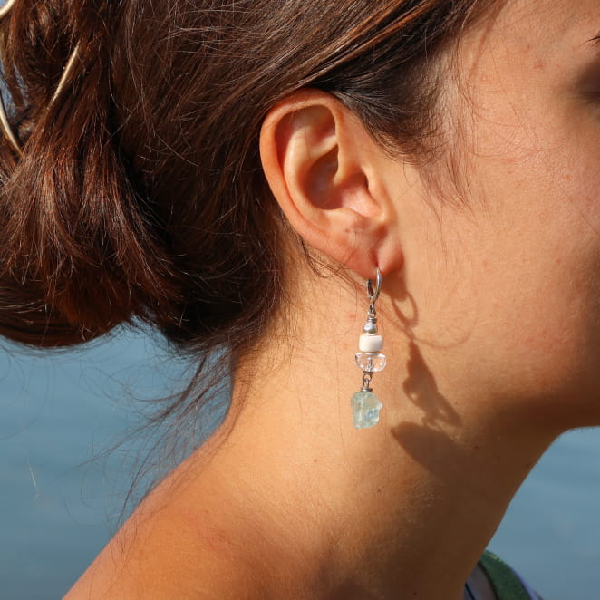 boucles d’oreilles Rocher argentées avec perles vert d’eau