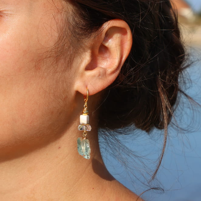 boucles d’oreilles Rocher dorées avec perles vert d’eau