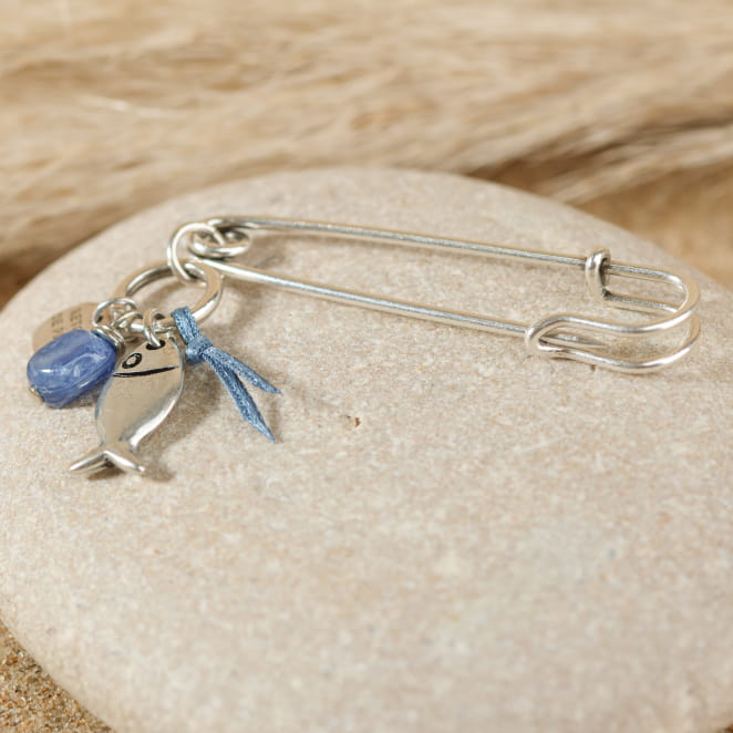 Broche Rive en métal plaqué argent et perle bleu Montana fabriqué à la main