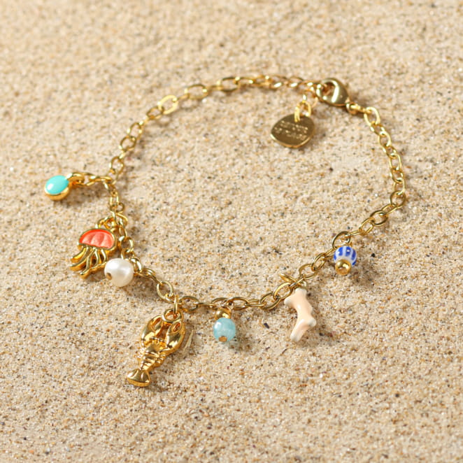 Bracelet Bandeloro doré à l’or fin et perles multicolores, bijou artisanal français inspiré de la mer.