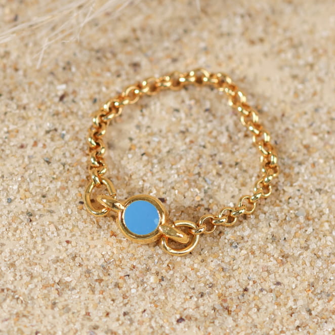 Bague Plancton doré et perle bleue, bijou artisanal fabriqué en France.
