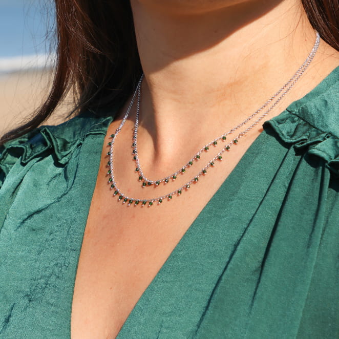 Collier Mésange Retour de Plage en métal argenté avec cordon vert bouteille – création française artisanale