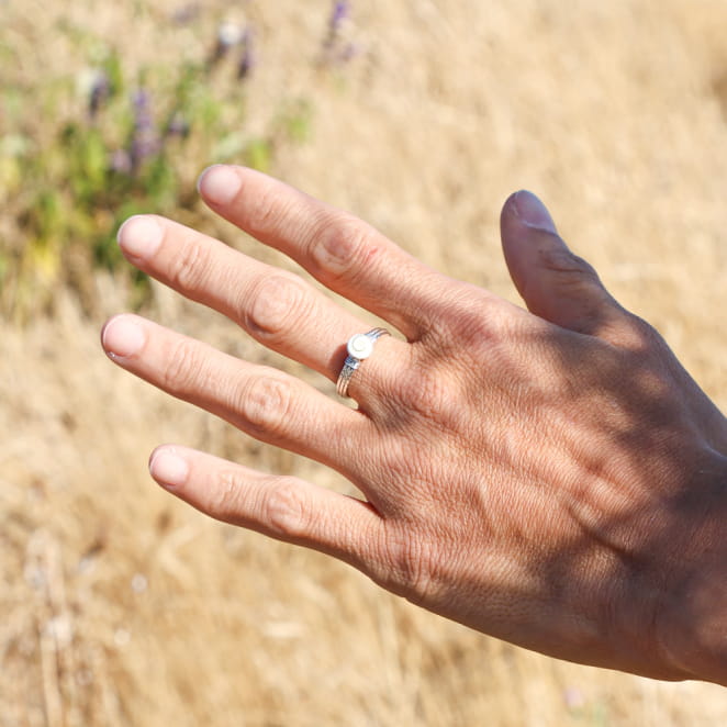 bague Bastiaise argentée, perle blanche, fabrication française