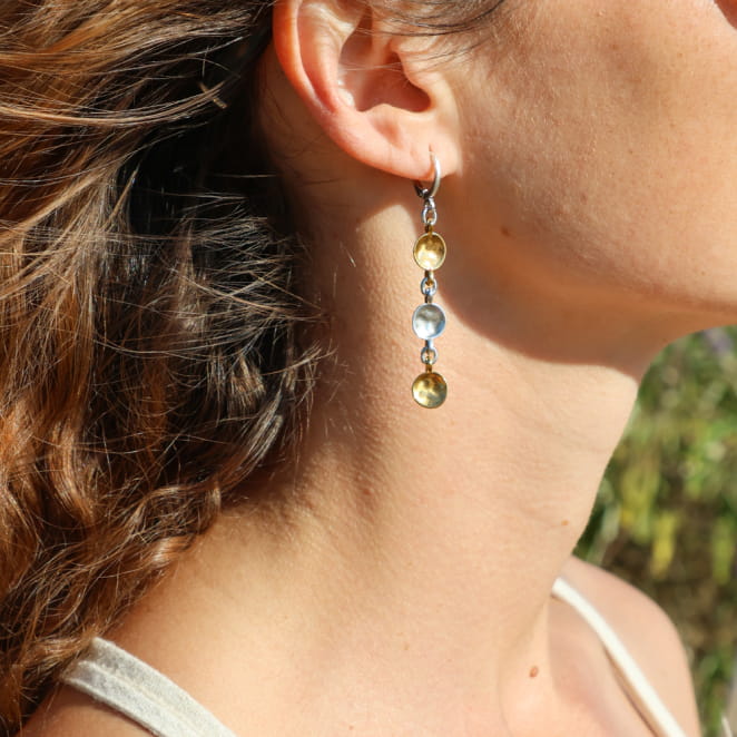 boucles d’oreilles Azteque argentées et dorées, bijou fait main en France