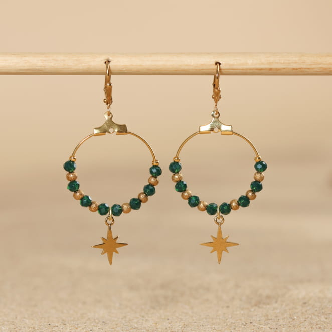 boucles d’oreilles Cadran dorées, perles vert bouteille, bijou fait main en France