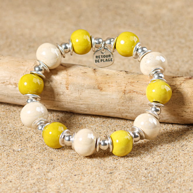 bracelet Ancolie argenté et perles jaunes multicolores, bijou artisanal fait main en France