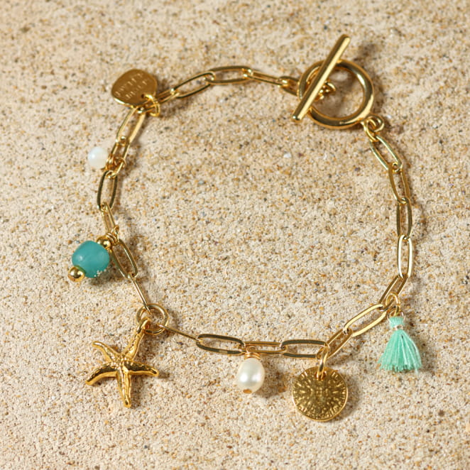 bracelet Dolcevita doré, perles vert d’eau et breloques marines, fabrication française