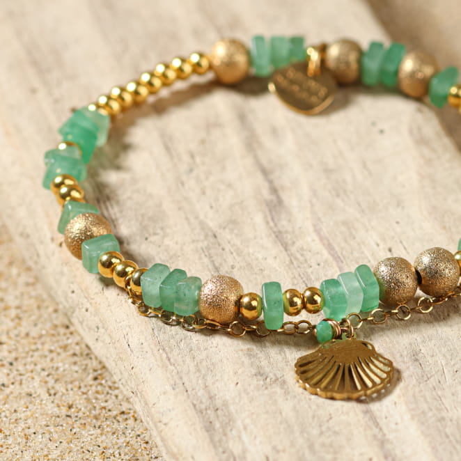 bracelet Jade doré, perles vert amande et breloque ronde, fabrication artisanale française