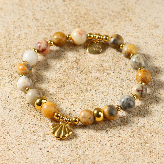 bracelet Konko doré avec perles jaunes et blanches, création artisanale française