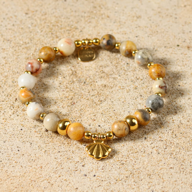 bracelet Konko doré, perles jaunes et coquillage central doré, bijou artisanal français