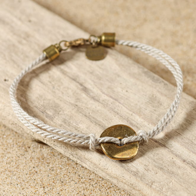 bracelet homme Roso en lin beige et élément central bronze, fabrication à la main en France
