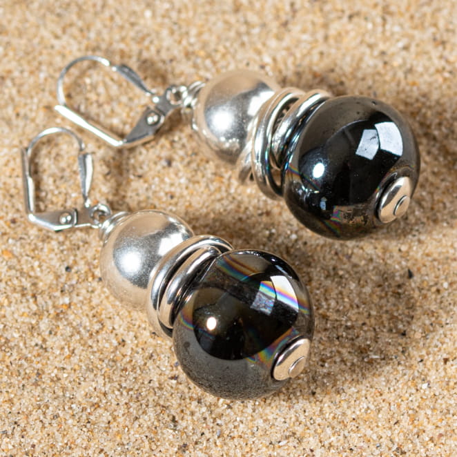 Boucles d'oreilles fantaisie argenté perles céramique noire