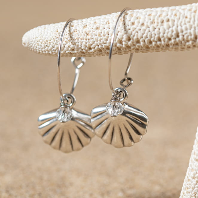 Boucles d'oreilles fantaisie argent créoles avec coquillage - Playa - made in france